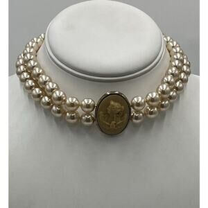 Extasia‎ Signed Vintage Cream Faux Pearl Two Strand Yellow Shell Cameo Necklace